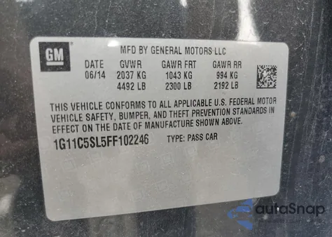 2015 Chevrolet Malibu 1Lt from USA, damaged, VIN 1G11C5SL5FF102246